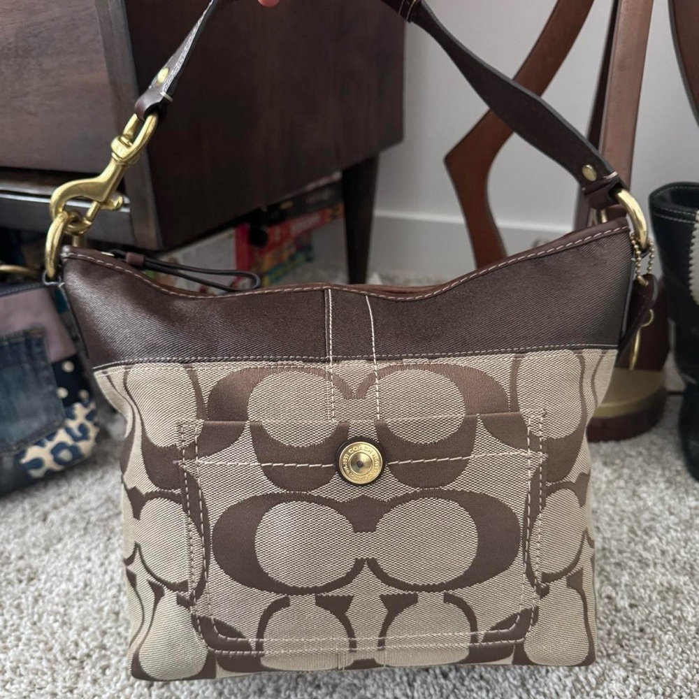 Coach Signature Brown and Cream Shoulder Bag